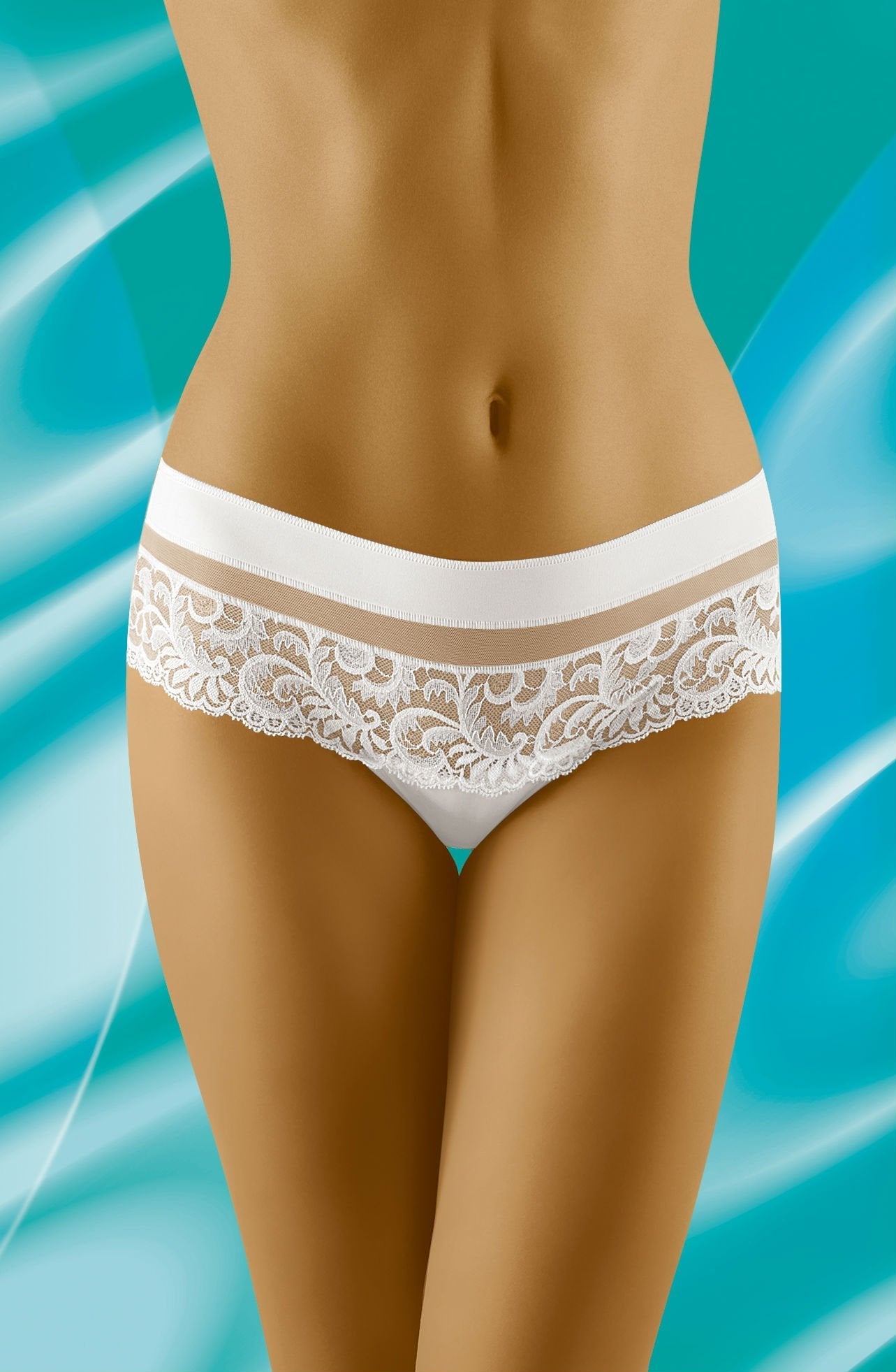 A close-up of a person wearing the Wolbar Cantata White Thong Shorts against a turquoise background with swirling patterns. The focus is on the thong shorts, showcasing their intricate lace panel design. The person's torso and hips are visible, highlighting the elegant design by Wolbar.