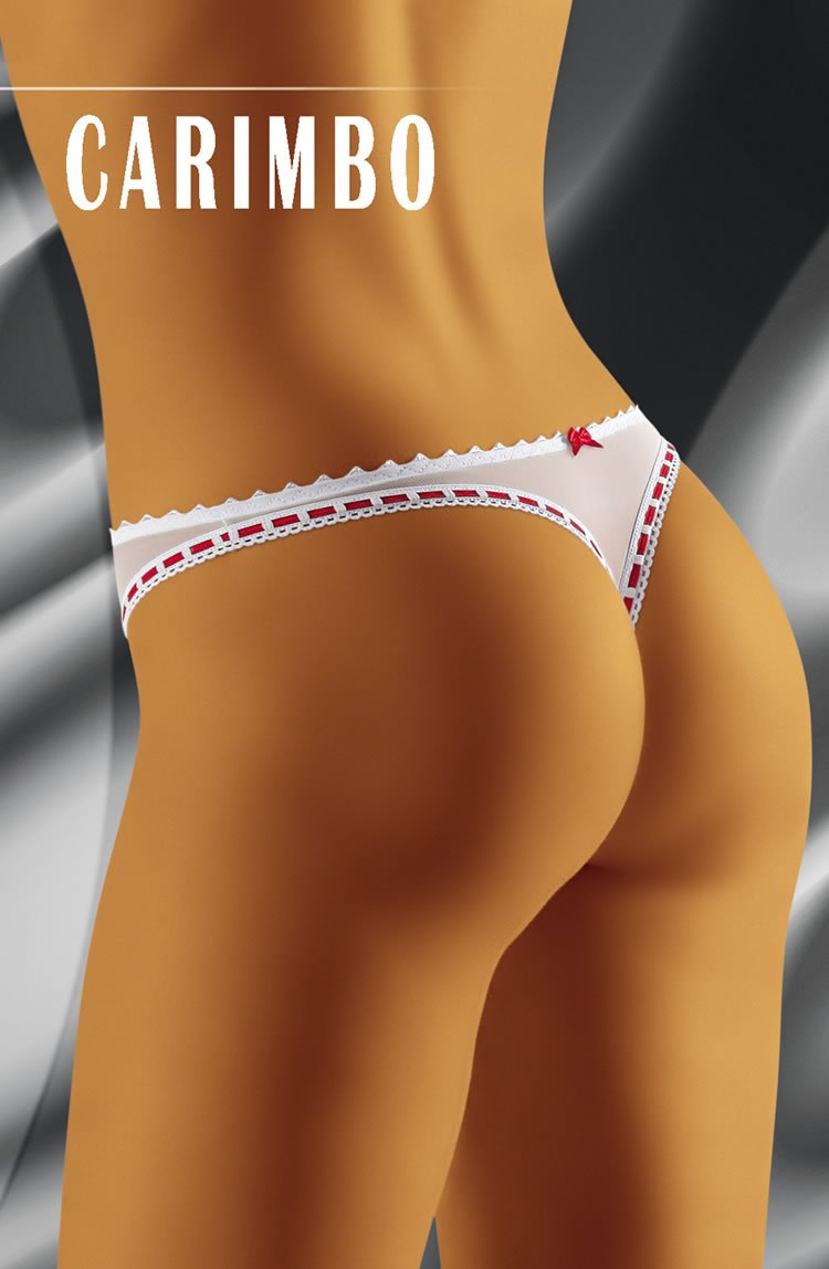 A person is wearing a Wolbar Carimbo White Thong adorned with intricate red decorations. The background showcases a gradient of dark and light hues, with the word "CARIMBO" prominently displayed in bold white letters at the top left of the image.