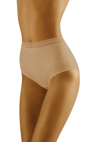 A person modeling the Wolbar Eco-Go Beige Brief, which features delicate lace trim at the waistband. The high-waisted underwear, made from high-quality cotton, appears soft and stretchy, offering full coverage. The model's torso and upper thighs are visible against a plain background.