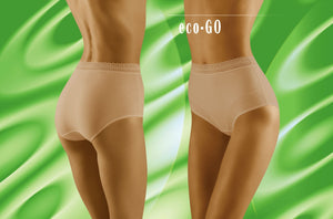 Two views of a person wearing the Wolbar Eco-Go Beige Brief with delicate lace trim are shown against a green, wavy background. The text "Wolbar" is displayed at the top right. The person’s back view is on the left, and the front view is on the right, showcasing high-quality cotton fabric.