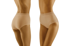 Two models are pictured wearing Wolbar Eco-Go Beige Brief high-waisted panties from different angles. The briefs, crafted by Wolbar, feature a delicate lace trim waistband and a smooth, seamless design. The image accentuates the fit and style of the underwear, emphasizing their comfort and elegance made from high-quality cotton.