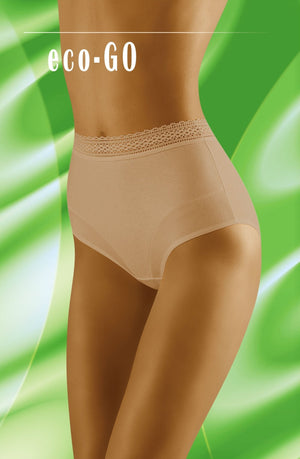 A close-up of a person wearing the Wolbar Eco-Go Beige Brief featuring a high-waisted cut and delicate lace trim waistband. The background showcases a green and white abstract pattern, with the text "Wolbar" displayed at the top.