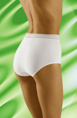 A person facing away from the camera is wearing Wolbar Eco-Go White Briefs, high-waisted with lace trim at the waistband. The background features a green and white abstract pattern, highlighting the elegance of these high-quality cotton briefs from Wolbar.