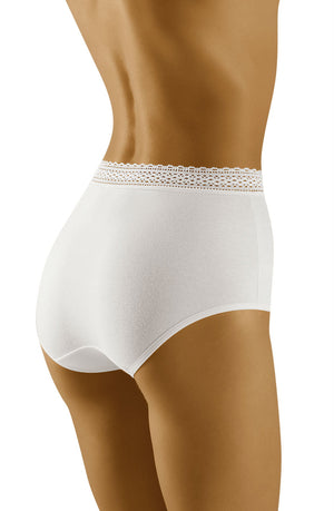 A person is shown from the back, wearing high-quality Wolbar Eco-Go White Briefs with intricate lace trim at the waistband. The person’s tan skin and the snug fit of the briefs accentuate their lower back and hips against a plain white background.