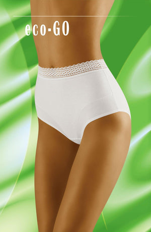 A close-up image features a person wearing the Wolbar Eco-Go White Brief, showcasing its high-waisted design and delicate lace trim waistband. The background is adorned with a vibrant, swirling pattern of green and yellow hues, while the text "eco-GO" is prominently displayed at the top center of the image.