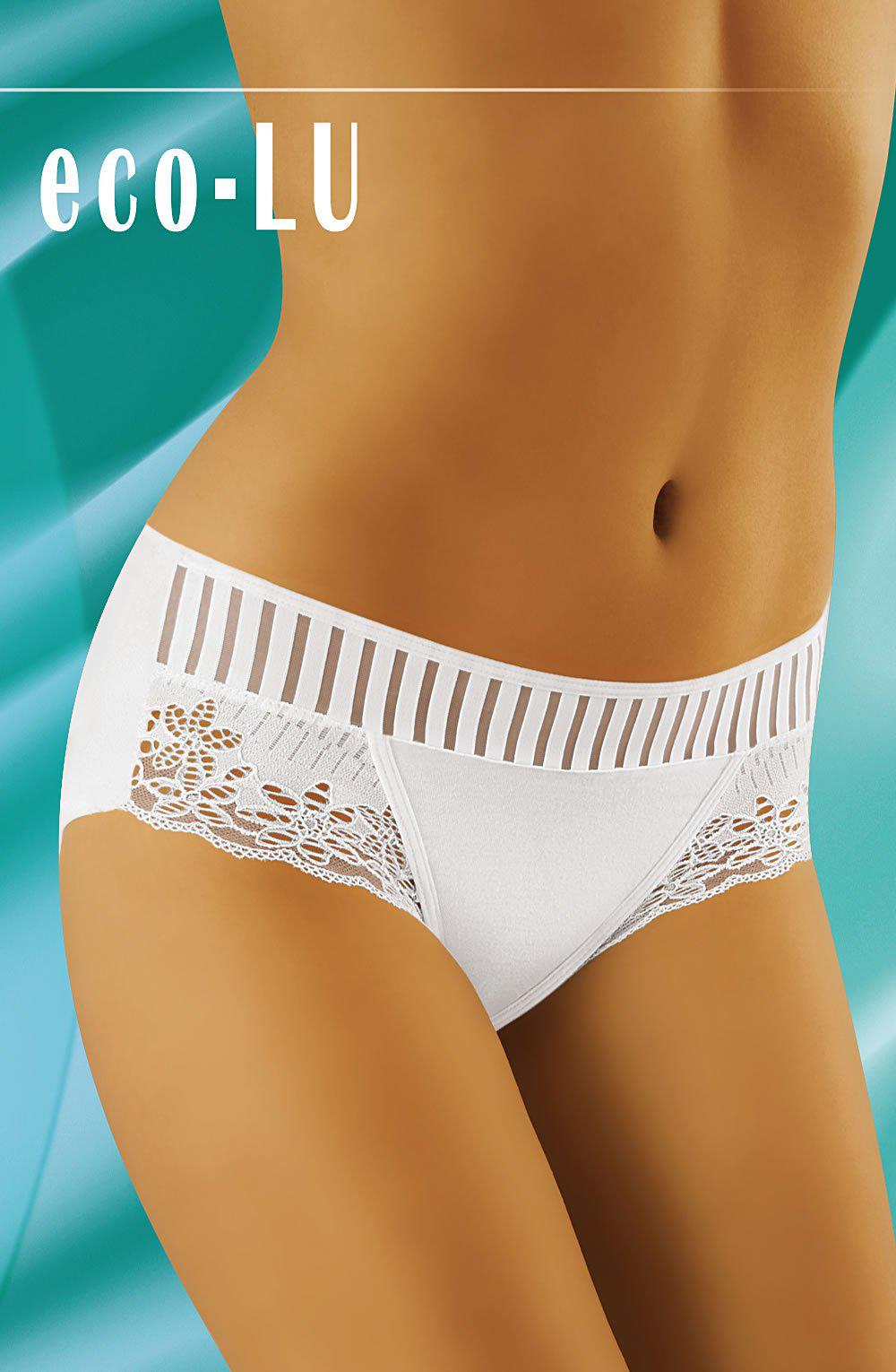 A close-up image features a woman wearing Wolbar Eco-Lu White Brief, highlighting the elegant decorative waistband with vertical stripes. The background is a smooth gradient of teal and light blue, with the text "Wolbar Eco-Lu" positioned in the upper left corner of the image.