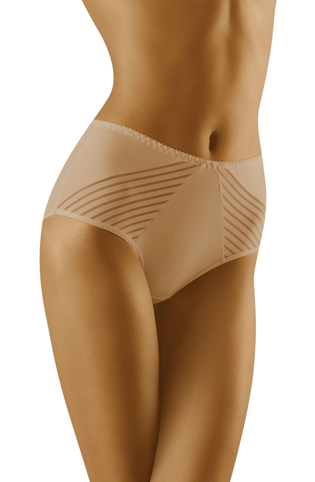 A person wearing Wolbar Eco-Ma Beige Briefs, high-waisted and seamless with an eco-friendly geometric pattern, stands against a plain white background. The focus is on the lower torso and upper thighs, highlighting the comfortable fit and design of these women's briefs from Wolbar.