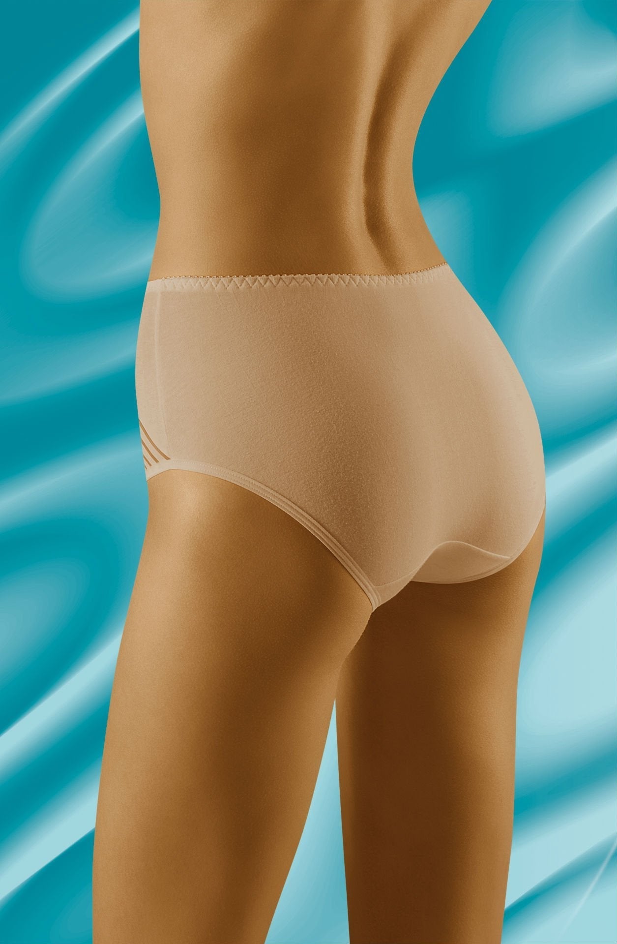 A person in Wolbar Eco-Ma Beige Briefs faces away, showcasing the back and side view on a stylized blue and white, wavy background. The underwear appears to be seamless, with simple, clean lines. Their stance highlights the garment's fit and smooth texture.