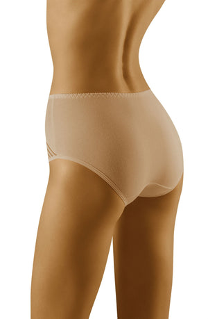 A person is shown from the back and slightly to the side, wearing Wolbar Eco-Ma Beige Briefs against a plain white background. These high-waisted, eco-friendly briefs by Wolbar feature a smooth finish with subtle stitching details on the waistband and leg openings, offering maximum comfort.