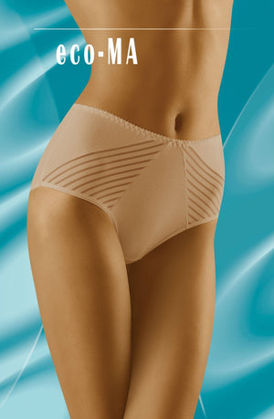 A close-up of a person wearing the Wolbar Eco-Ma Beige Brief featuring a high-waisted design with a striped pattern, made from high-quality, eco-friendly cotton. The background showcases a blue gradient with fluid, wave-like designs. The text "Wolbar" is prominently displayed at the top left.