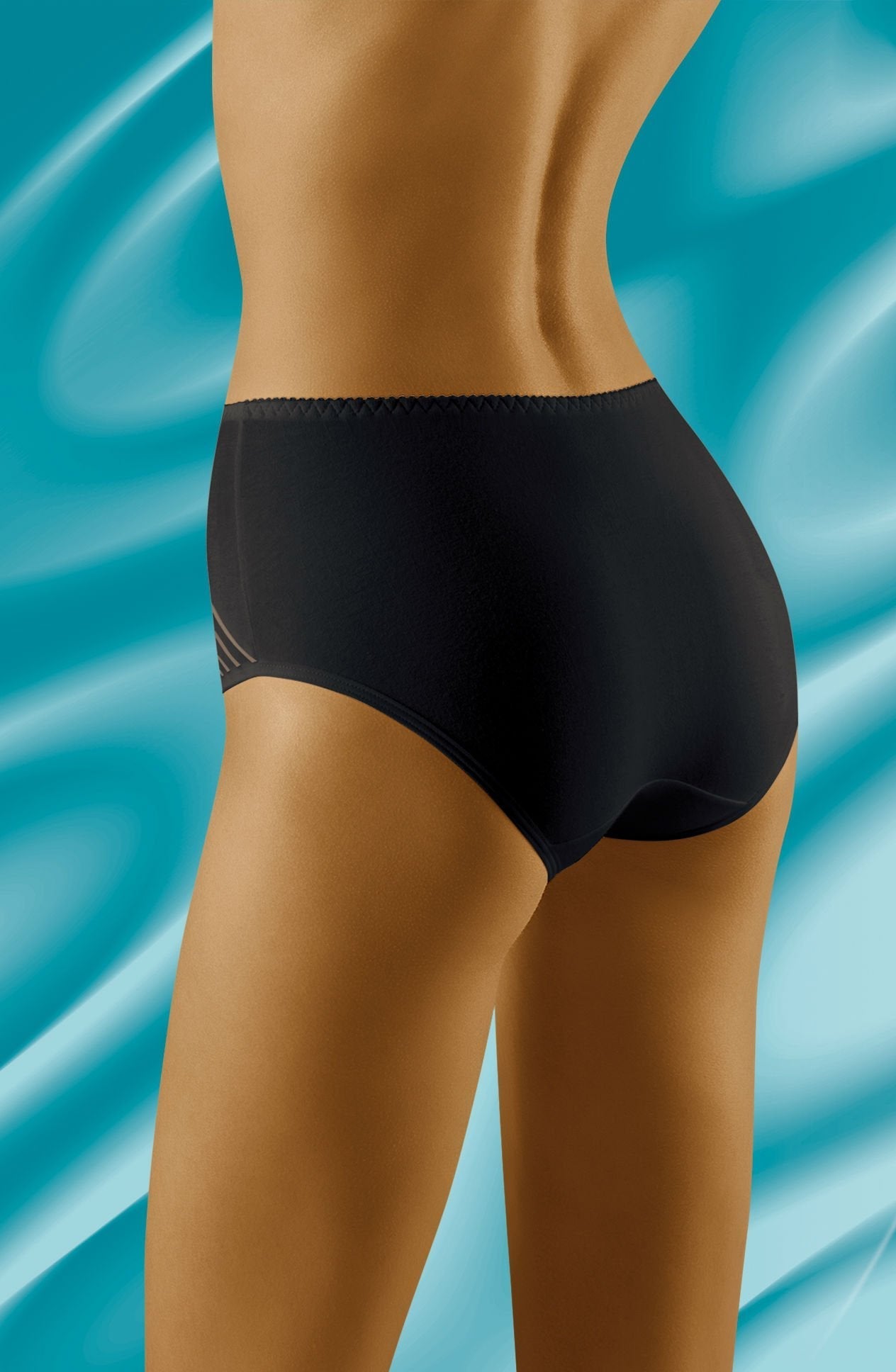 A person is shown from the back, modeling a pair of high-waisted Wolbar Eco-Ma Black Briefs against a turquoise, wavy background. The individual’s midsection to upper thighs are visible while their upper body and lower legs are out of the frame.