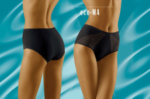 A digitally enhanced image showcases the back view of a person wearing Wolbar Eco-Ma Black Briefs in two different poses, highlighting the fit and design of the women's underwear. The background is a blue abstract pattern, and "Wolbar" appears in the upper right corner.