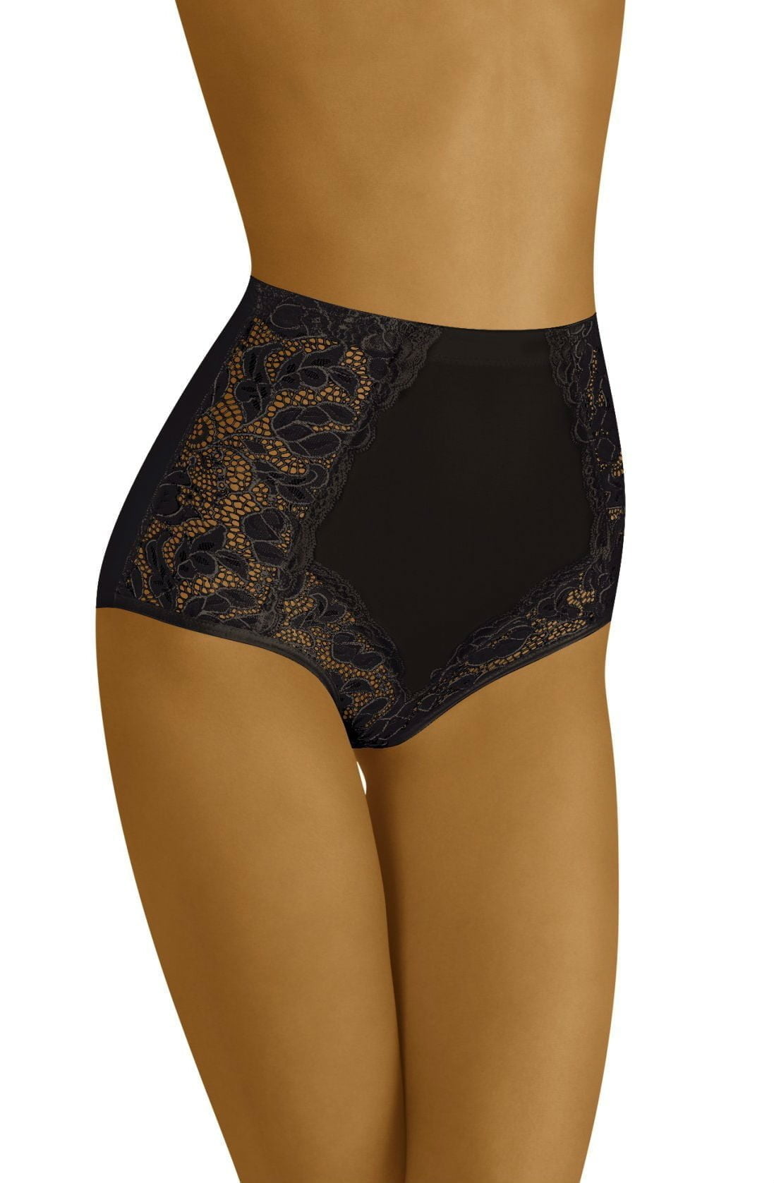 Someone is wearing high-waisted Wolbar Eleganta Black Briefs. These underwear showcase embroidered floral lace detailing on the sides and the frontal section, complemented by a solid black panel in the center. The model's midsection down to the thighs is visible against a plain background.