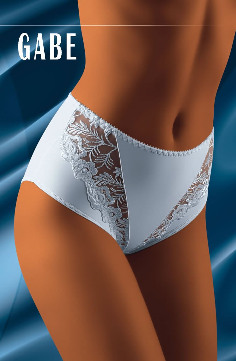 A close-up of a person wearing the Wolbar Gabe White Brief from Wolbar against a blue satin background. The lingerie showcases intricate lace panels on the sides adorned with floral patterns, offering unmatched comfort. The word "GABE" is visible in the top left corner.