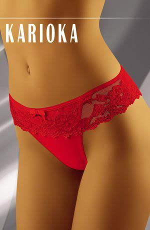 Close-up of a person wearing the striking Wolbar Karioka Red Brief, with "KARIOKA" displayed at the top of the image. This exquisite addition to our lingerie collection showcases delicate floral lace detailing on the sides and front, set against a sophisticated gradient of gray shades.