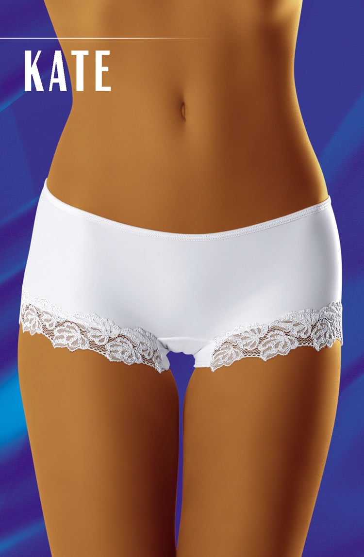 A photo of a model showcasing the Wolbar Kate White Shorts against a blue gradient background. The brand name "Wolbar" is prominently displayed in bold white text at the top left corner, highlighting the exquisite decorative lace details.