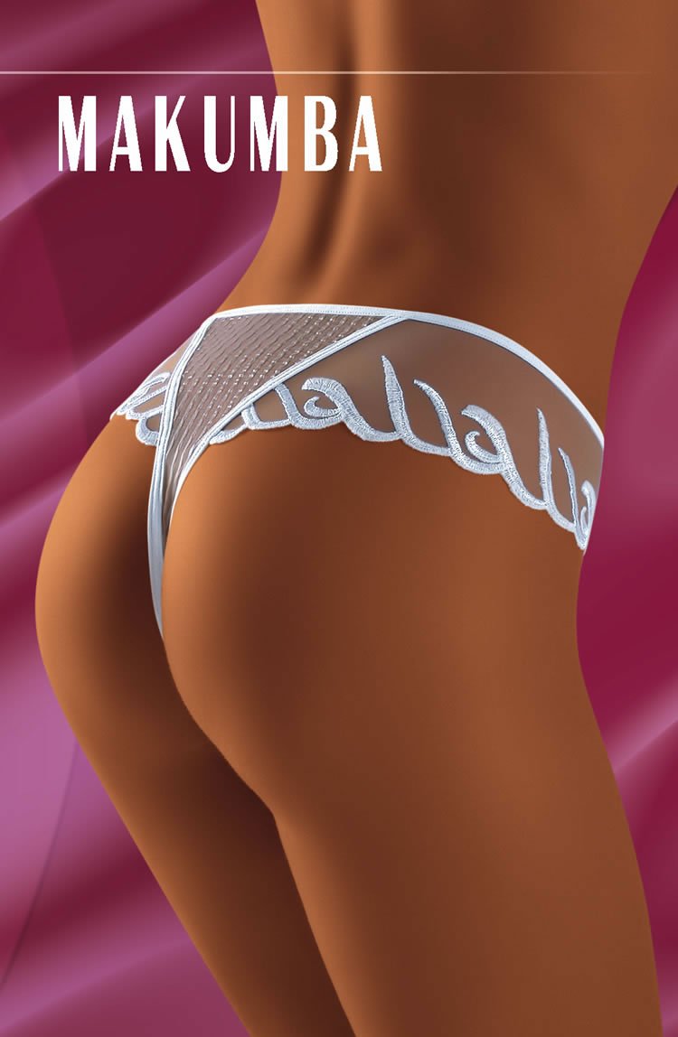 A close-up image showcases a person wearing sheer, white lingerie bottoms from the latest lingerie collection against a pink fabric background. The word "Wolbar" is boldly written at the top in white letters, reminiscent of the Wolbar Makumba Black Thong's style.