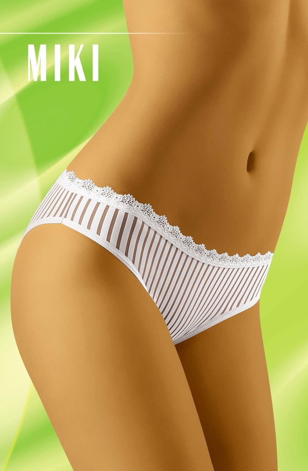 A person in Wolbar Miki White Brief bikini underwear with a lace-trimmed stripy design, set against a green and yellow background. The word "MIKI" is written at the top left corner.