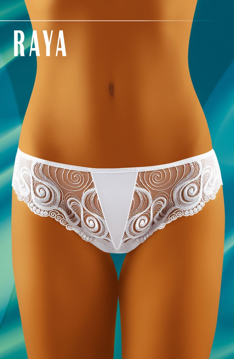 Front view of a person wearing elegant white lace panties adorned with intricate swirl patterns on a blue-green backdrop. The text "Wolbar" is displayed at the top left, spotlighting this luxurious piece reminiscent of the Wolbar Raya Black Brief collection.