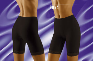 A woman is modeling form-fitting Wolbar Rona Black Shorts with lace trim at the hem, shown from the back and side against a blue and white swirled background. "RONA" is written in uppercase letters above the image.