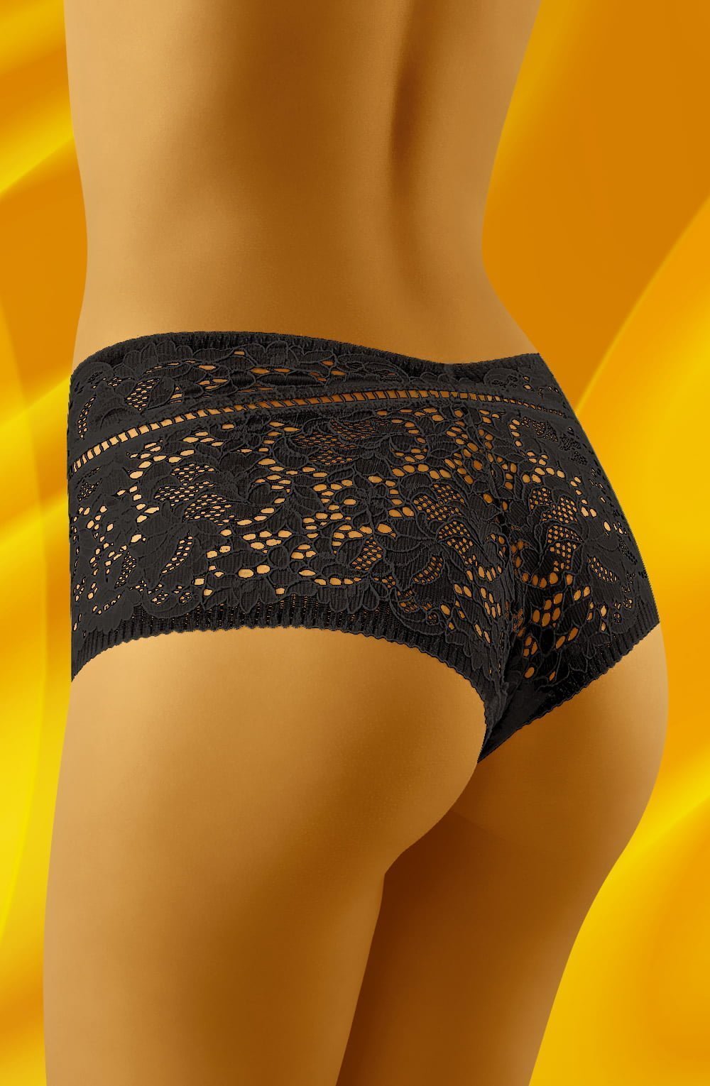 An image of a person from behind, wearing revealing Wolbar Sari Black Shorts from the brand Wolbar. The background features a smooth gradient of golden yellow hues.