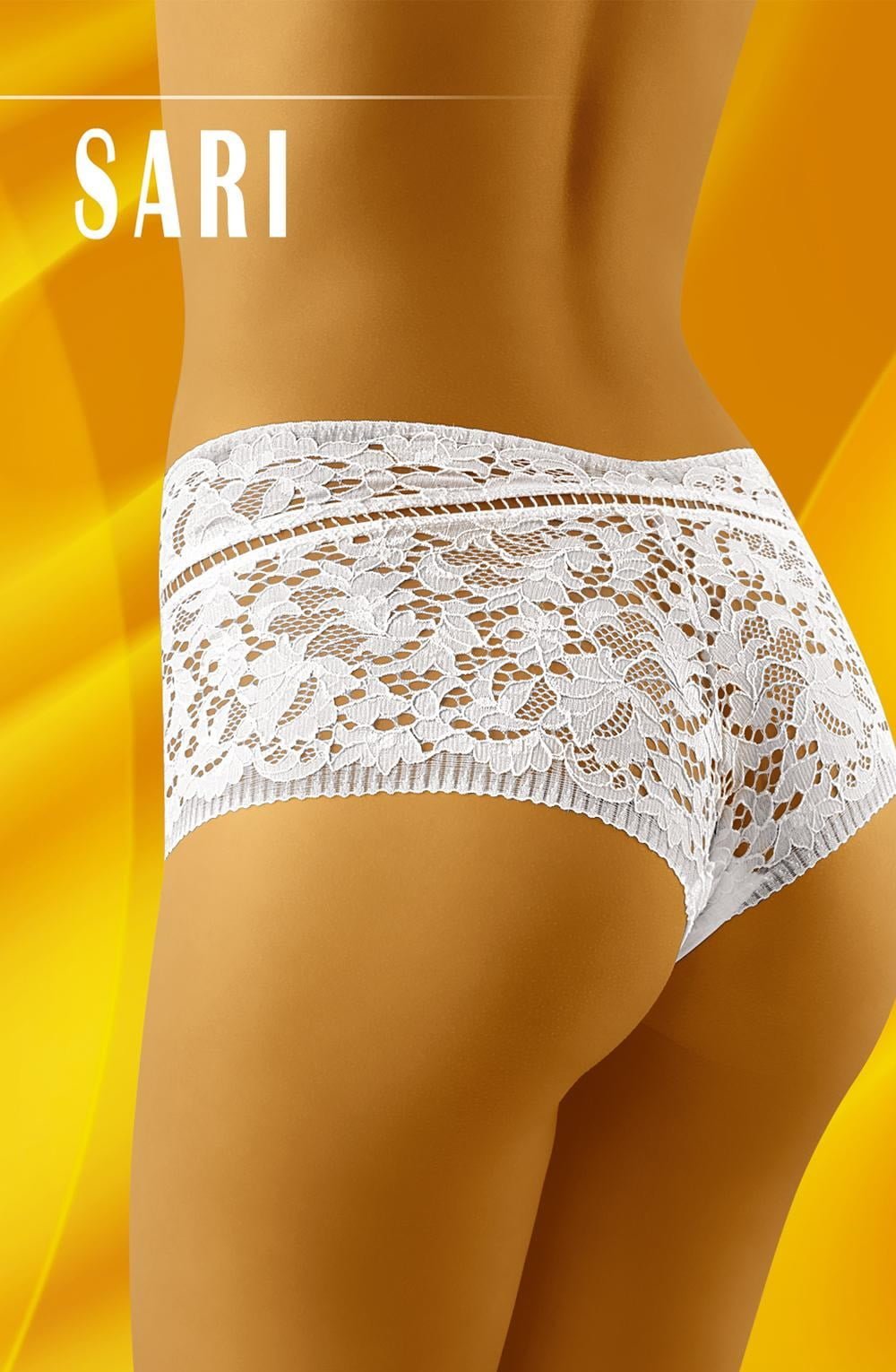 A close-up image of a person from the waist down wearing Wolbar Sari White Shorts against a yellow background. The word "Wolbar" is displayed in large white text at the top left corner of the image, emphasizing the elegance of the lacey fabric.