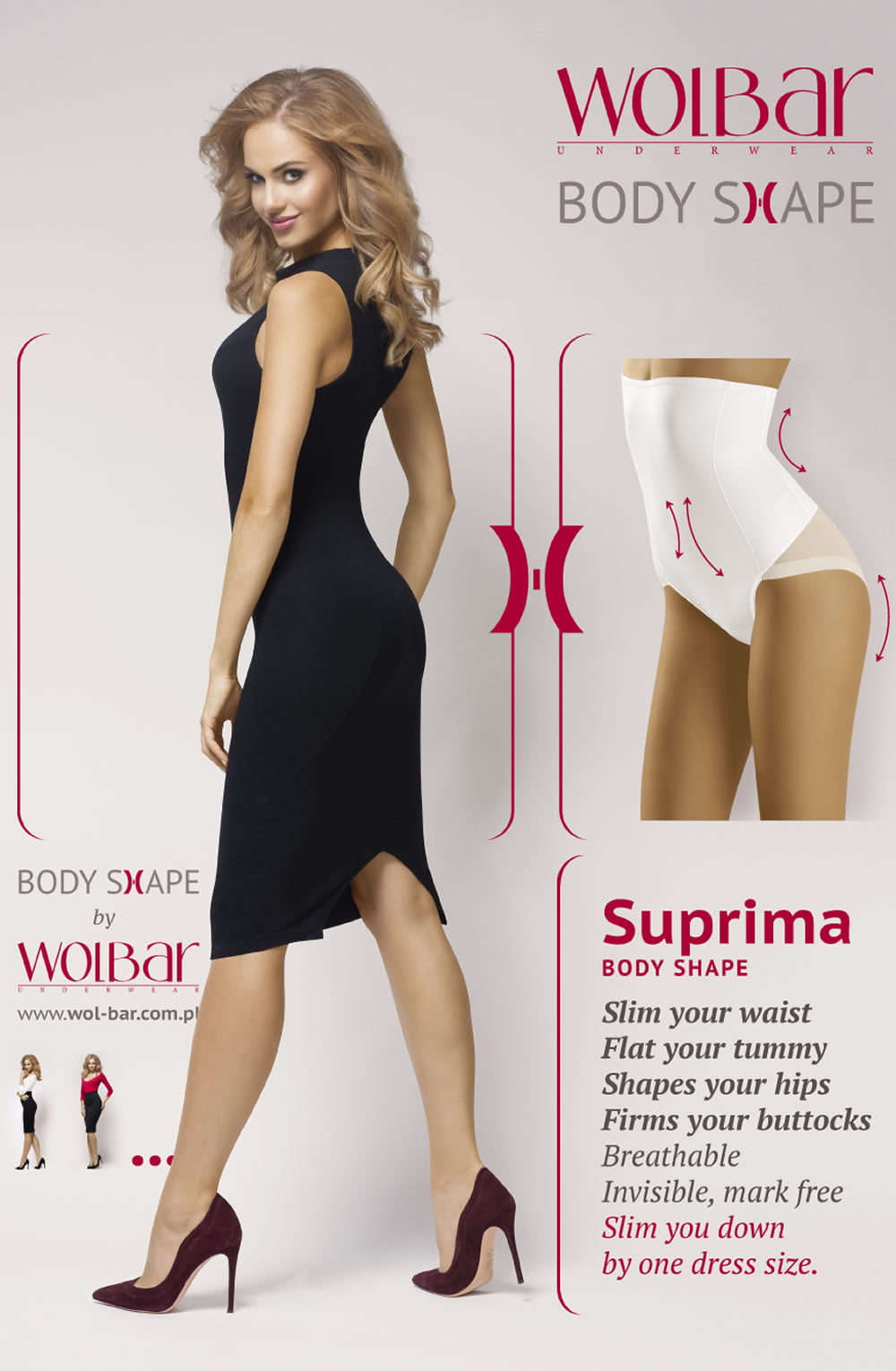 A woman in a black dress and red high heels poses confidently. The image promotes the Wolbar Suprima Beige Shaping Brief, highlighting its features such as slimming, tummy flattening, buttocks lifting, and hip shaping. A smaller image shows the beige body shaper above text detailing its breathable design and other benefits.