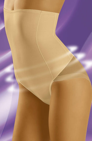 A person wearing high-waisted, beige shapewear on a purple and white abstract background. The form-fitting Wolbar Suprima Beige Shaping Brief by Wolbar extends from the mid-thigh to just below the chest, featuring a breathable design for enhanced comfort and subtle buttocks lifting.