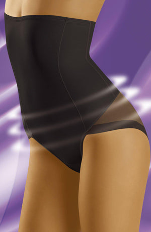 A person wearing high-waisted Wolbar Suprima Black Shaping Brief by Wolbar, featuring mesh panels on the hip area. The background displays a purple gradient with white light streaks, and the shaping brief boasts sleek, flat finishes.