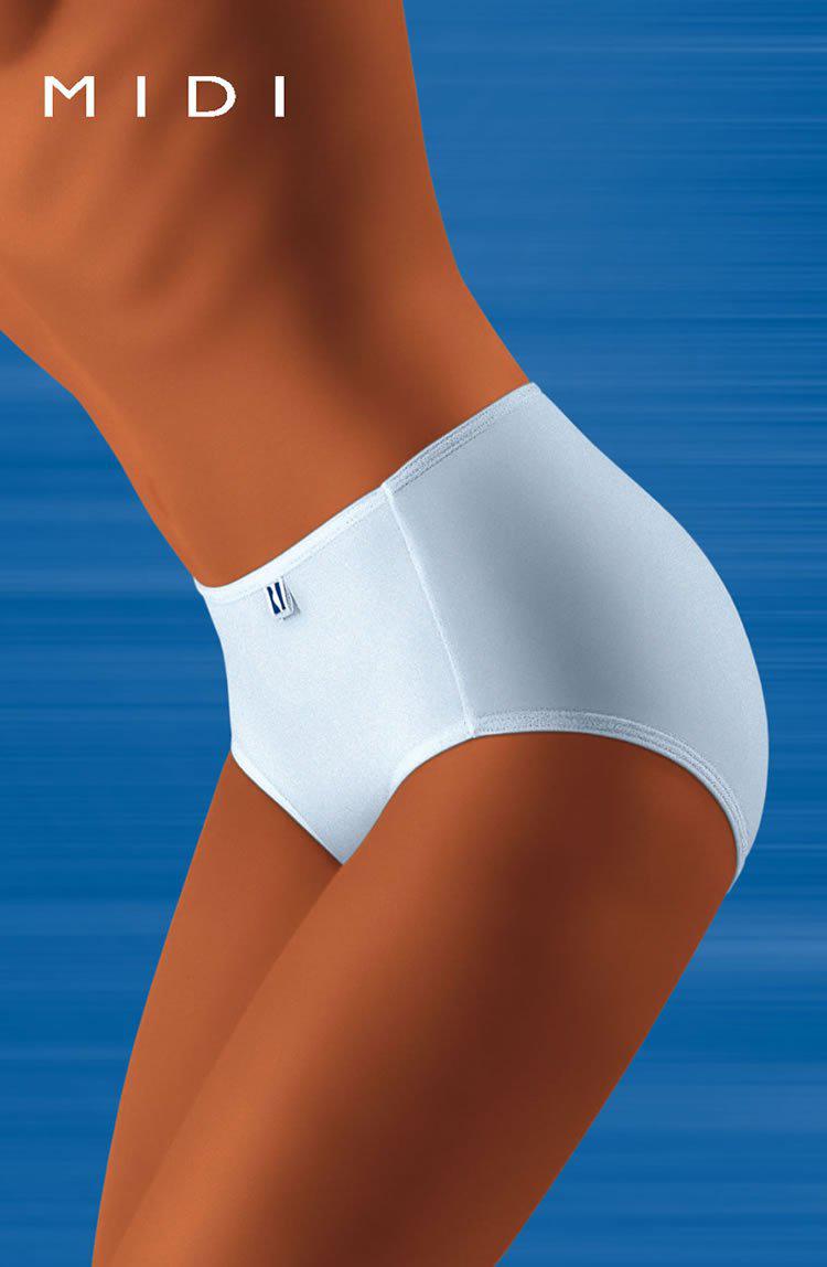 A person is modeling white high-waisted Wolbar Tahoo Midi briefs against a blue textured background. The word "MIDI" is written in white text in the top left corner, emphasizing the ultimate comfort and style of these midi briefs by Wolbar.