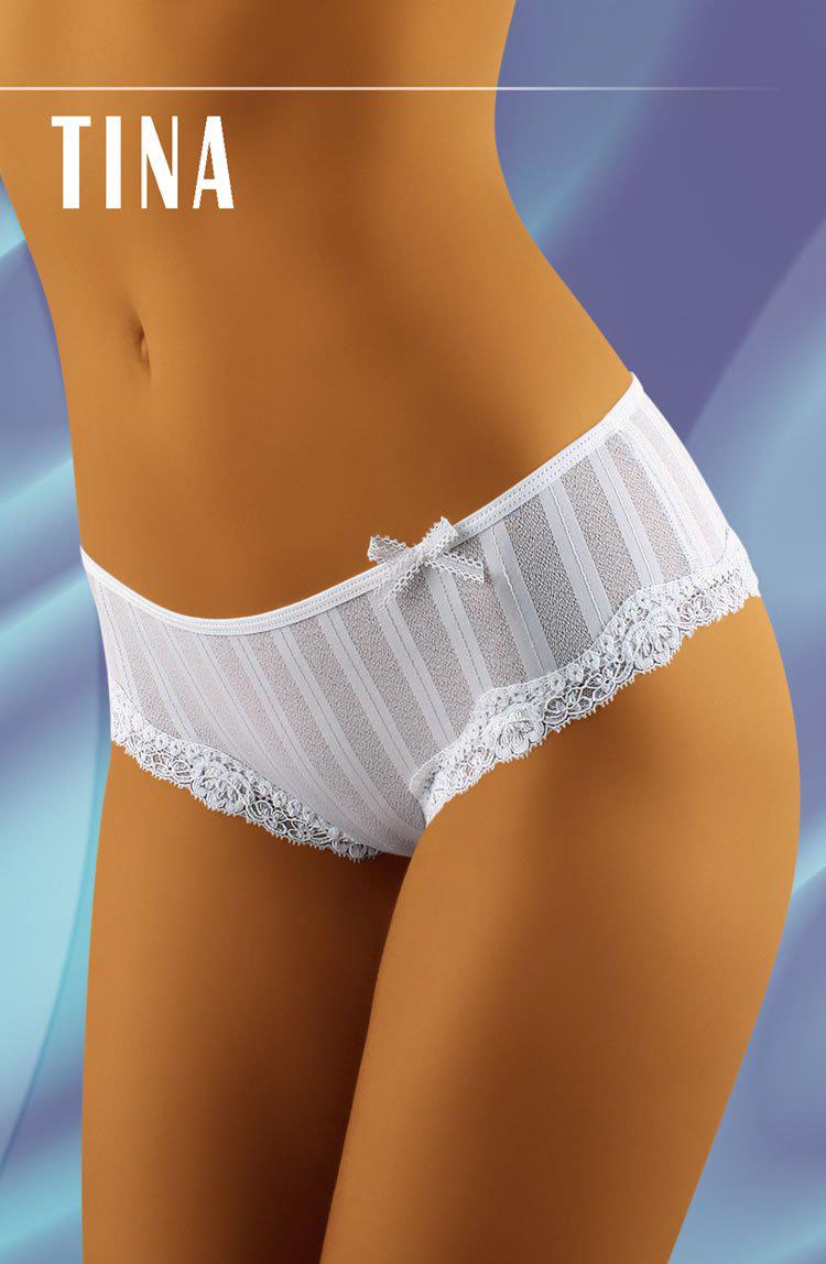 A model wearing Wolbar Tina White Shorts stands against a blue, wavy background. The word "Wolbar" is printed in the top left corner. Only the midsection is visible, showcasing the unique design of these underwear with vertical stripes and a small bow at the center.