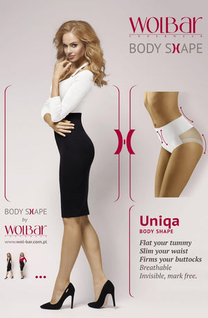 A woman with long blonde hair wearing a white long-sleeve top and a black high-waisted skirt stands confidently, showcasing her side profile and curvy figure. Text on the image promotes "Wolbar Uniqa White Brief" underwear from Wolbar, designed with breathable mesh to flatten the tummy, slim the waist, and firm buttocks.