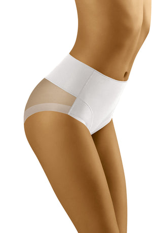 A woman is modeling the high-waisted Wolbar Uniqa White Brief shapewear panties by Wolbar, designed to emphasize a smooth and sculpted silhouette. The shapewear incorporates breathable mesh panels on the sides for added elegance. She is depicted in a side profile view, showcasing the fit and design of the garment.